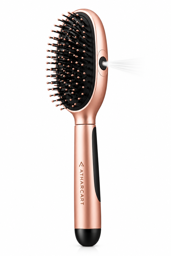 Rose gold and black 2-in-1 misting detangler brush by ATHARCART